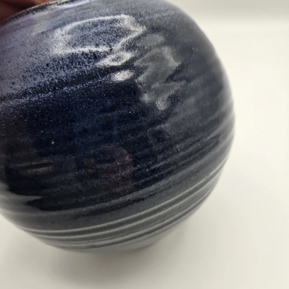 Blue Handmade Hand Thrown Ribbed Carved Rounded Pottery Vase Glazed Signed